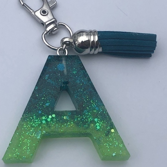 Handmade A Aqua Blue & Green Resin Glitter Key Chain - Picture 5 of 6